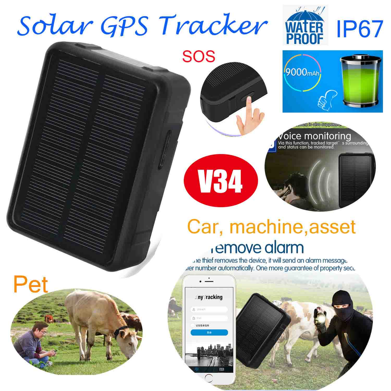 中国工厂 2G IP67 防水汽车太阳能车载 GPS 跟踪器，带地理围栏警报历史跟踪回放 (V34)