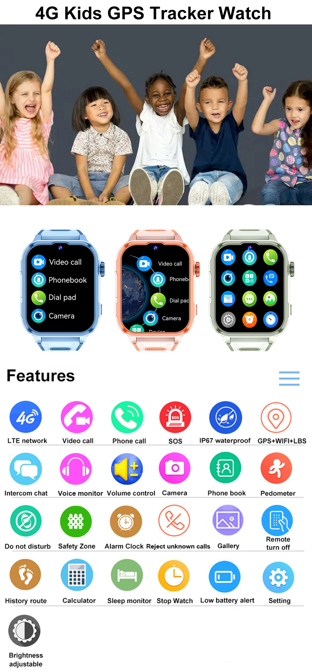 4G 旋转菜单儿童 GPS 手表 D35P