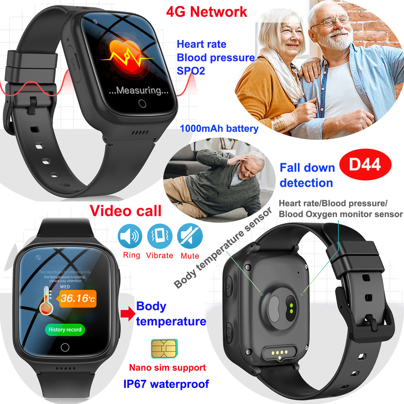 新品上市 4G IP67 Wateproof 高级 GPS 追踪器手表带跌落体温，适用于成人保健 D44